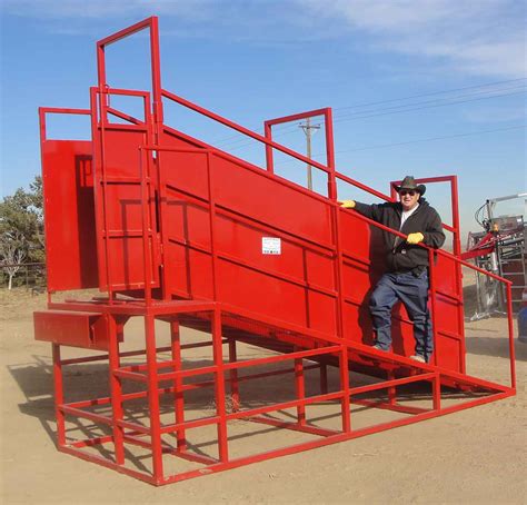 Loading chute - LC9 Loading Chute. 32” Wide inside 10’ Long 9’ 4” High Ramp setting from 12” to 42” Steel slatted checker plate floor Heavy duty steel frame Point hitch portable Weight: 1100 lbs. CCWH Calf Chute. Self-locking walk-through headgate ...